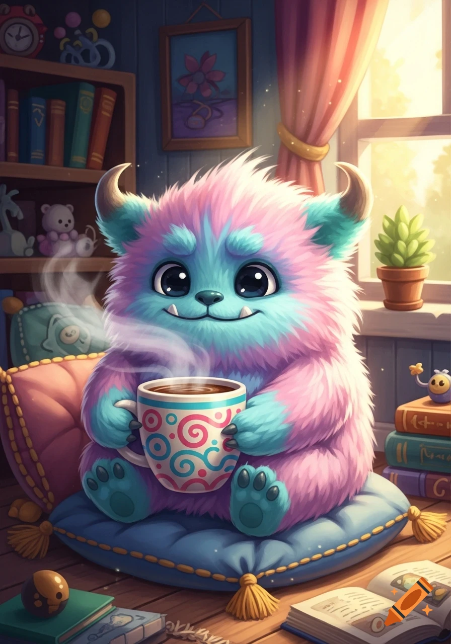 A fluffy, cute, pastel pink and blue monster sits on a cushion, holding a steaming mug in a cozy, illustrated room.