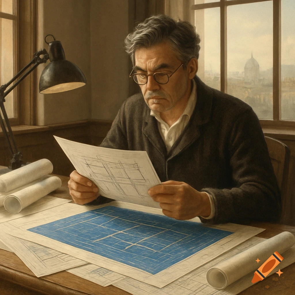 A serious architect in glasses reviews blueprints at a desk with a lamp, overlooking a city skyline.