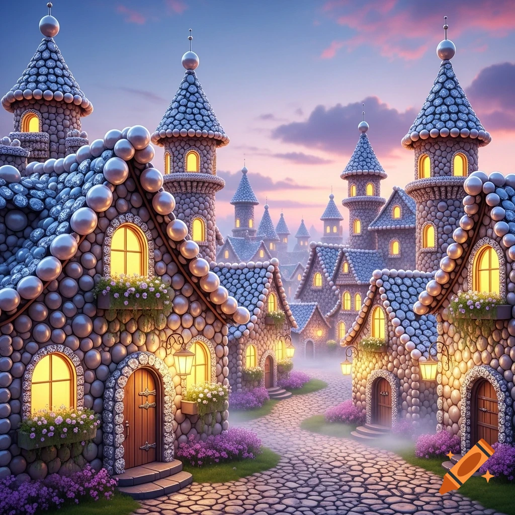A whimsical fairytale village of cobblestone paths, houses, and castles ...