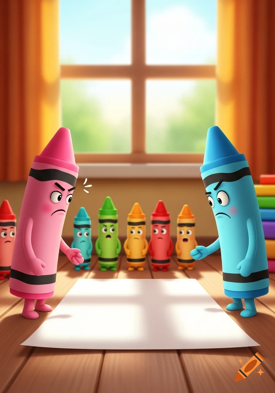 Animated pink and blue crayons argue over a blank paper on a wooden floor, watched by other colorful crayons in a sunny room.