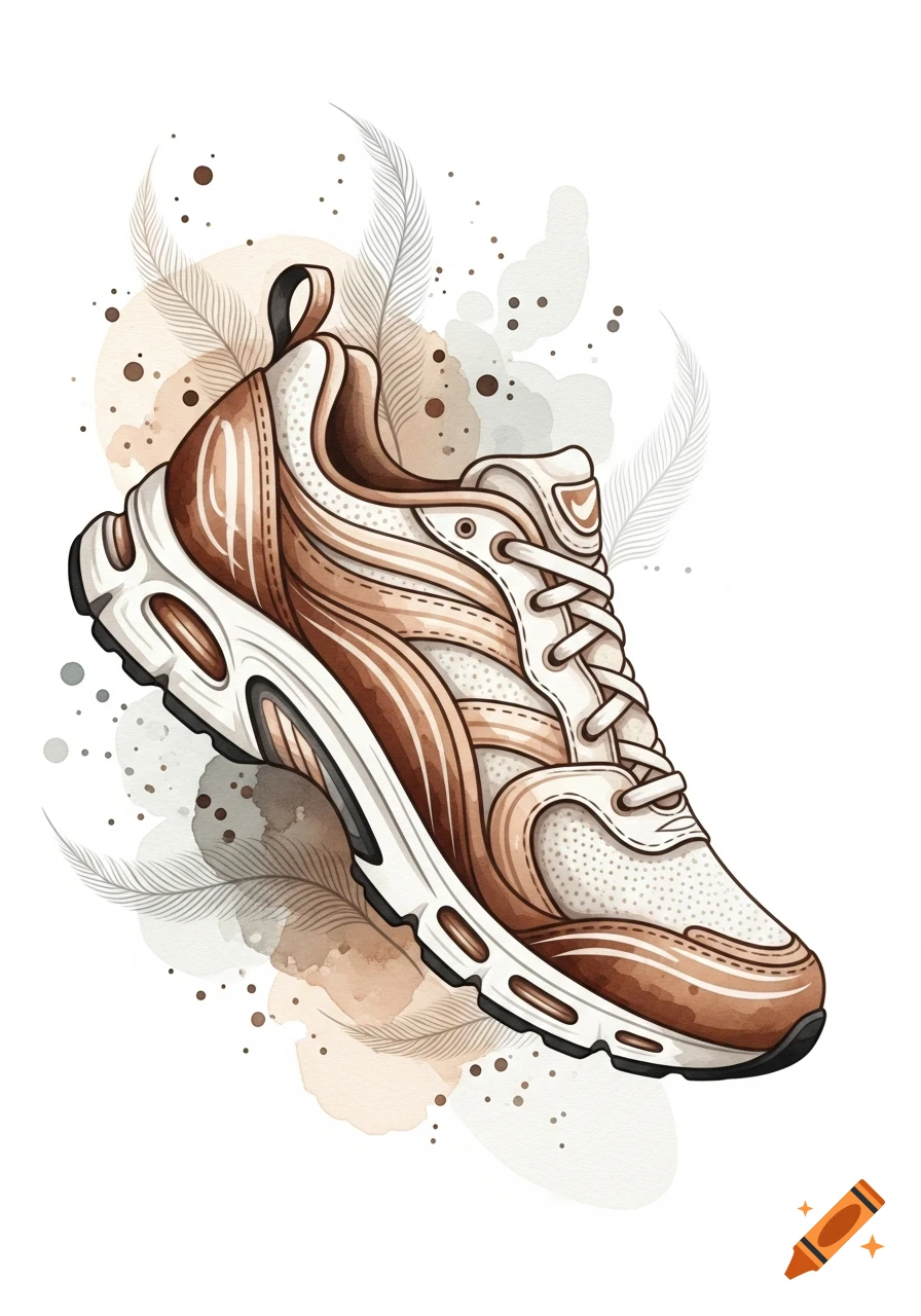 Watercolor illustration of a cream and coffee-colored running shoe with abstract splatters and feather motifs on a white background.