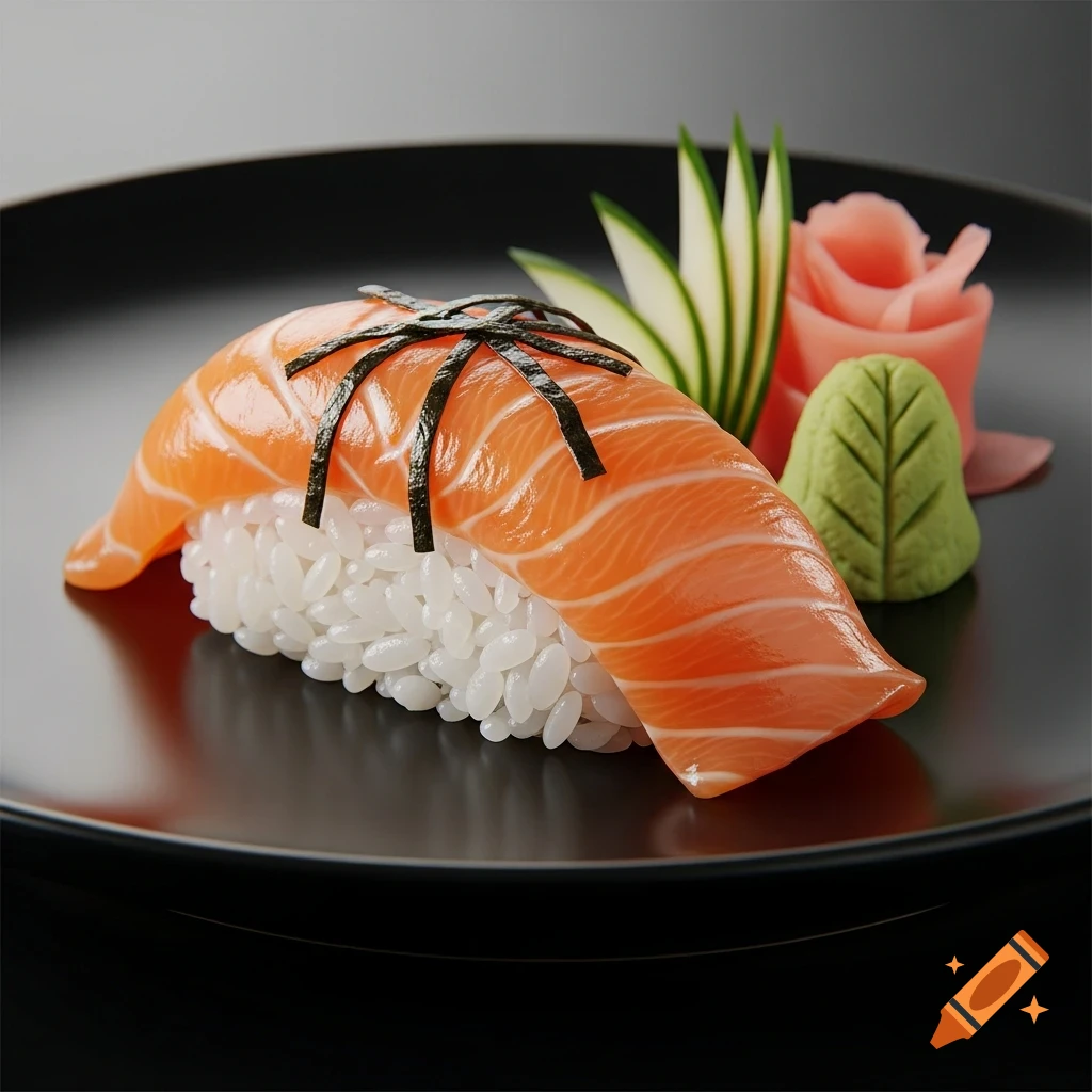 Photorealistic image of a single piece of salmon nigiri sushi with nori, ginger, wasabi, and cucumber on a black plate.