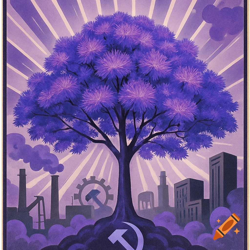 Purple propaganda poster of a stylized tree with a hammer and sickle, industrial buildings, and sun rays.