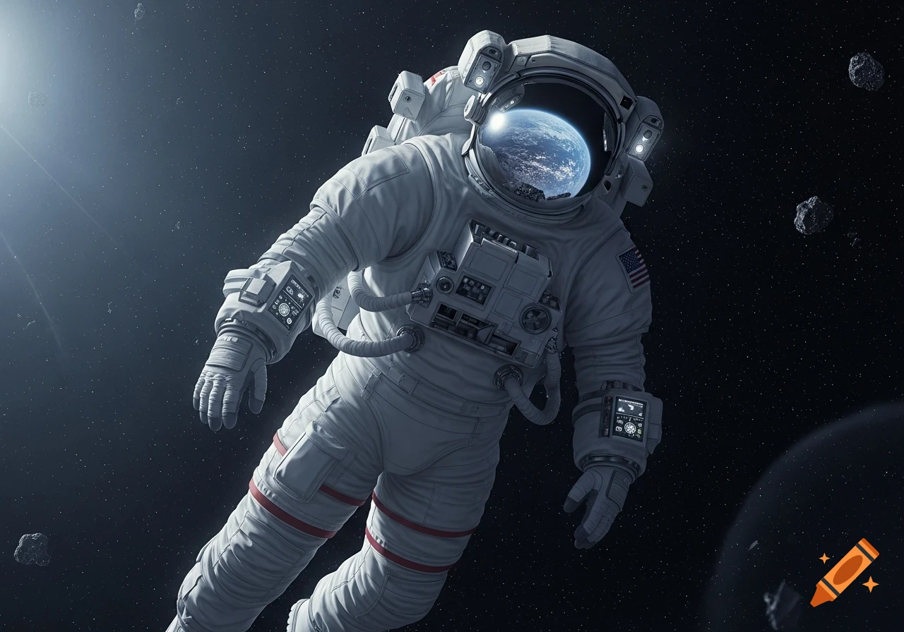 A photorealistic astronaut in a white spacesuit floats in space, with Earth reflected in their helmet visor.