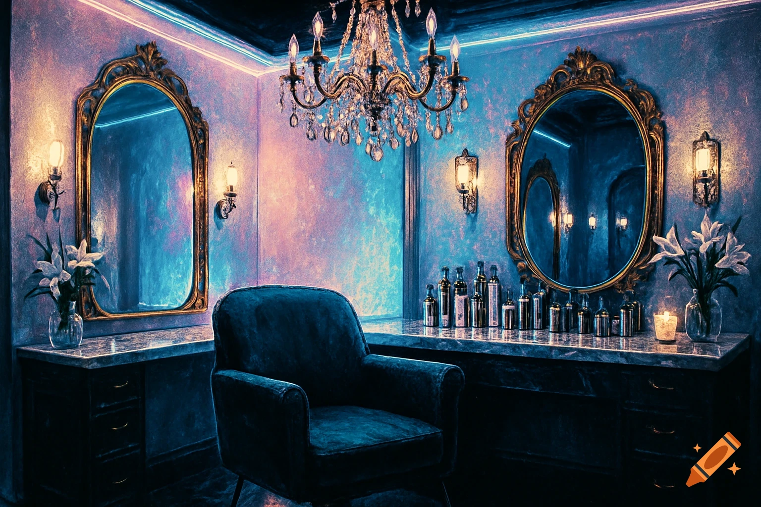 A luxurious salon interior with blue and pink neon lighting, ornate gold mirrors, a velvet armchair, and a crystal chandelier.