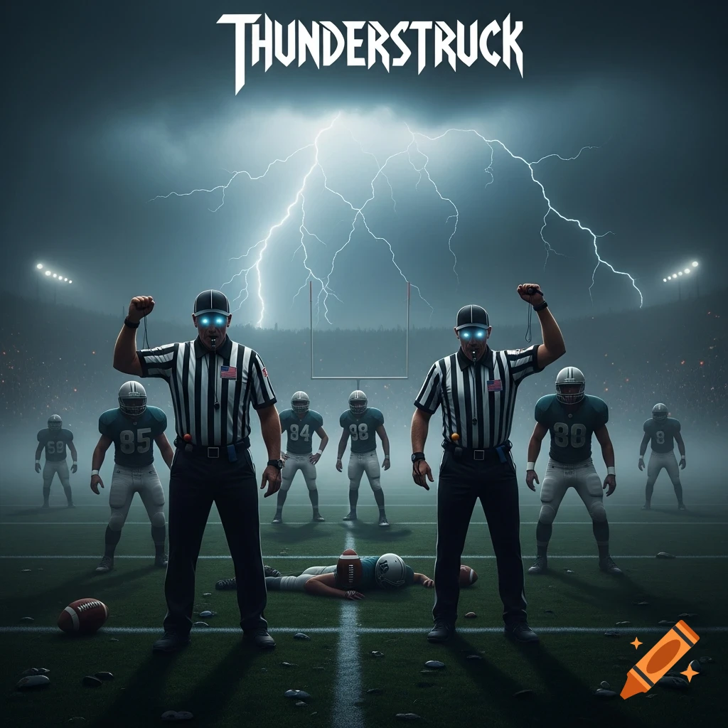 Two possessed football referees with glowing eyes stand on a stormy field with players and lightning, evoking a horror scene.
