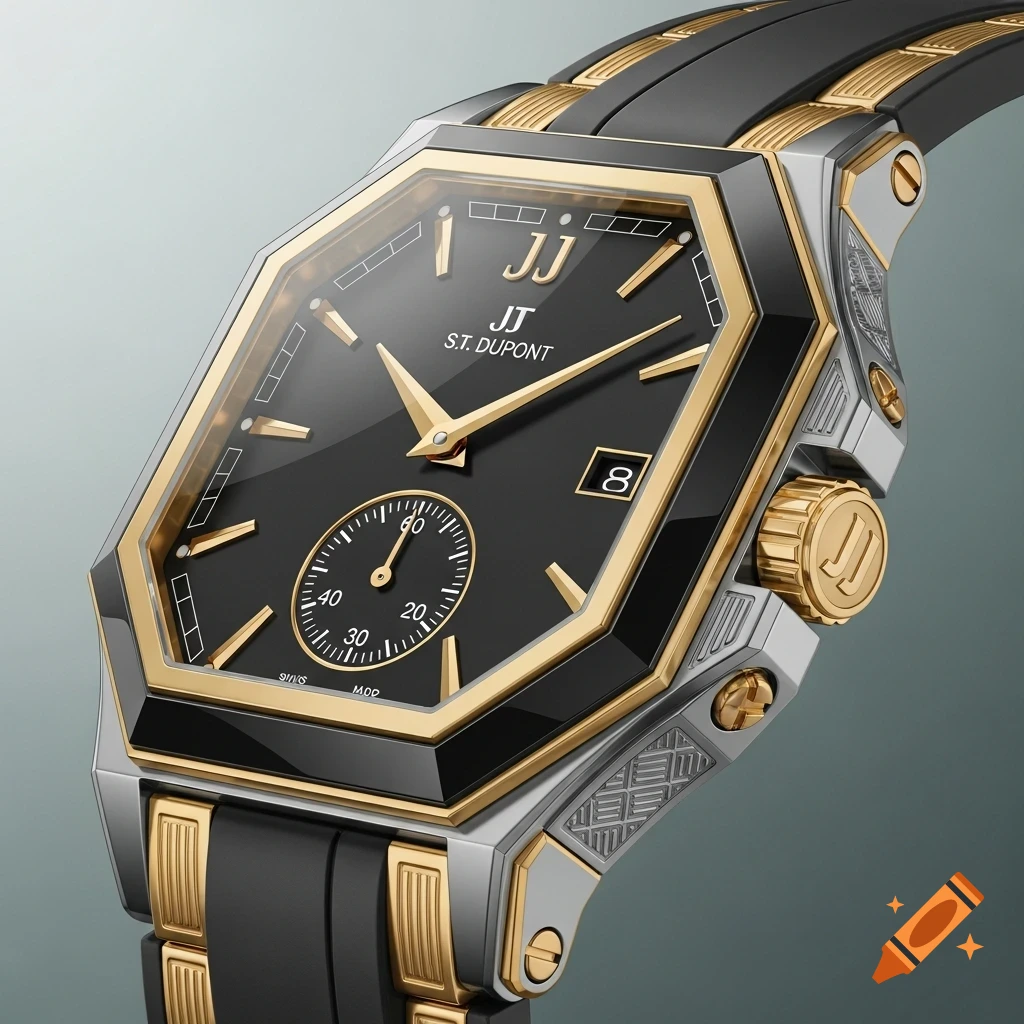 Close-up of a luxurious black and gold S.T. Dupont watch with an octagonal face, a black rubber strap, and intricate details.