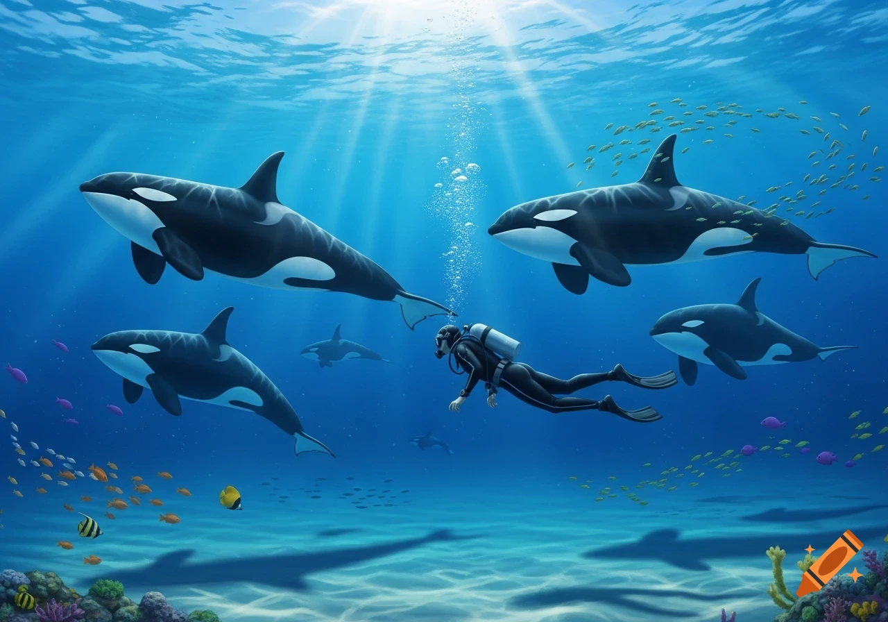 A scuba diver swims among several killer whales in a bright blue ocean, with sun rays, small fish, and coral reefs below.