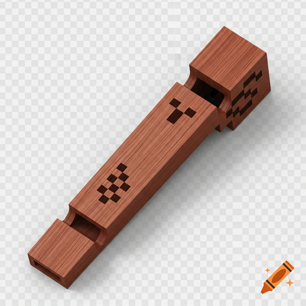 A wooden whistle-flute hybrid with pixelated block carvings, presented in a Minecraft style on a transparent background.