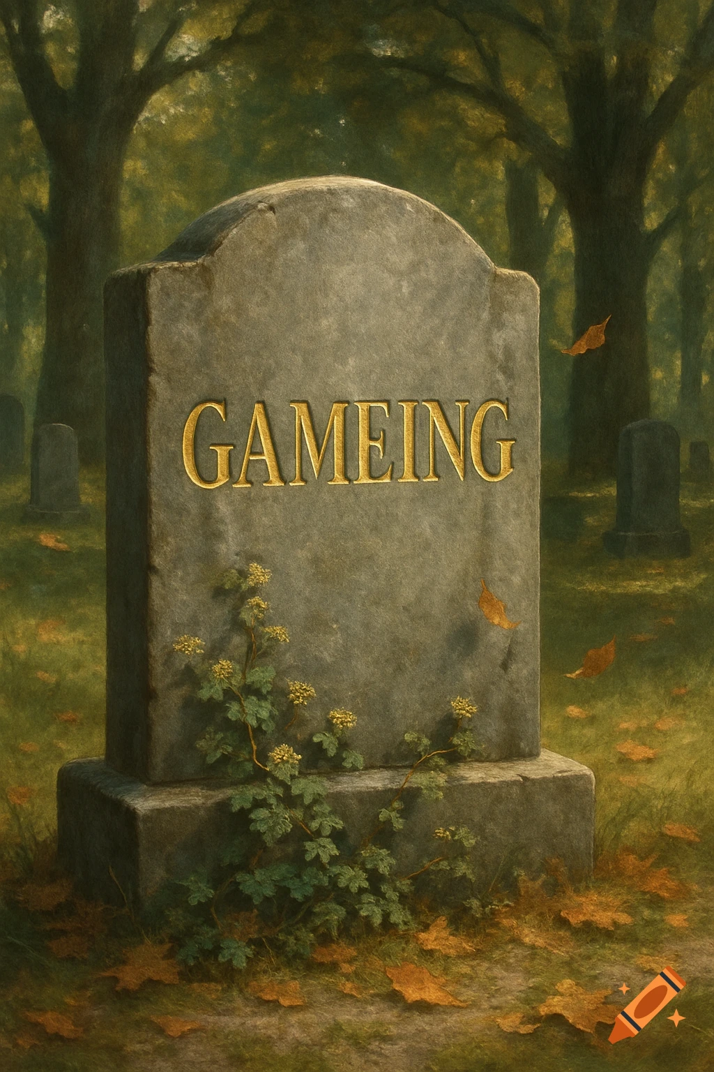 Painterly image of a grey headstone inscribed with "GAMEING" in gold, surrounded by autumn leaves and vines in a forest cemetery.