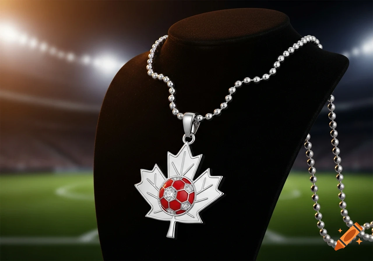 Silver necklace with a maple leaf pendant featuring a red, gem-studded soccer ball, displayed on a black stand against a blurry stadium.