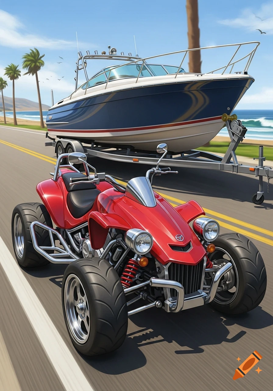 A red ATV drives on a coastal road, with a large blue and white boat on a trailer behind it, against a sunny beach and palm trees.