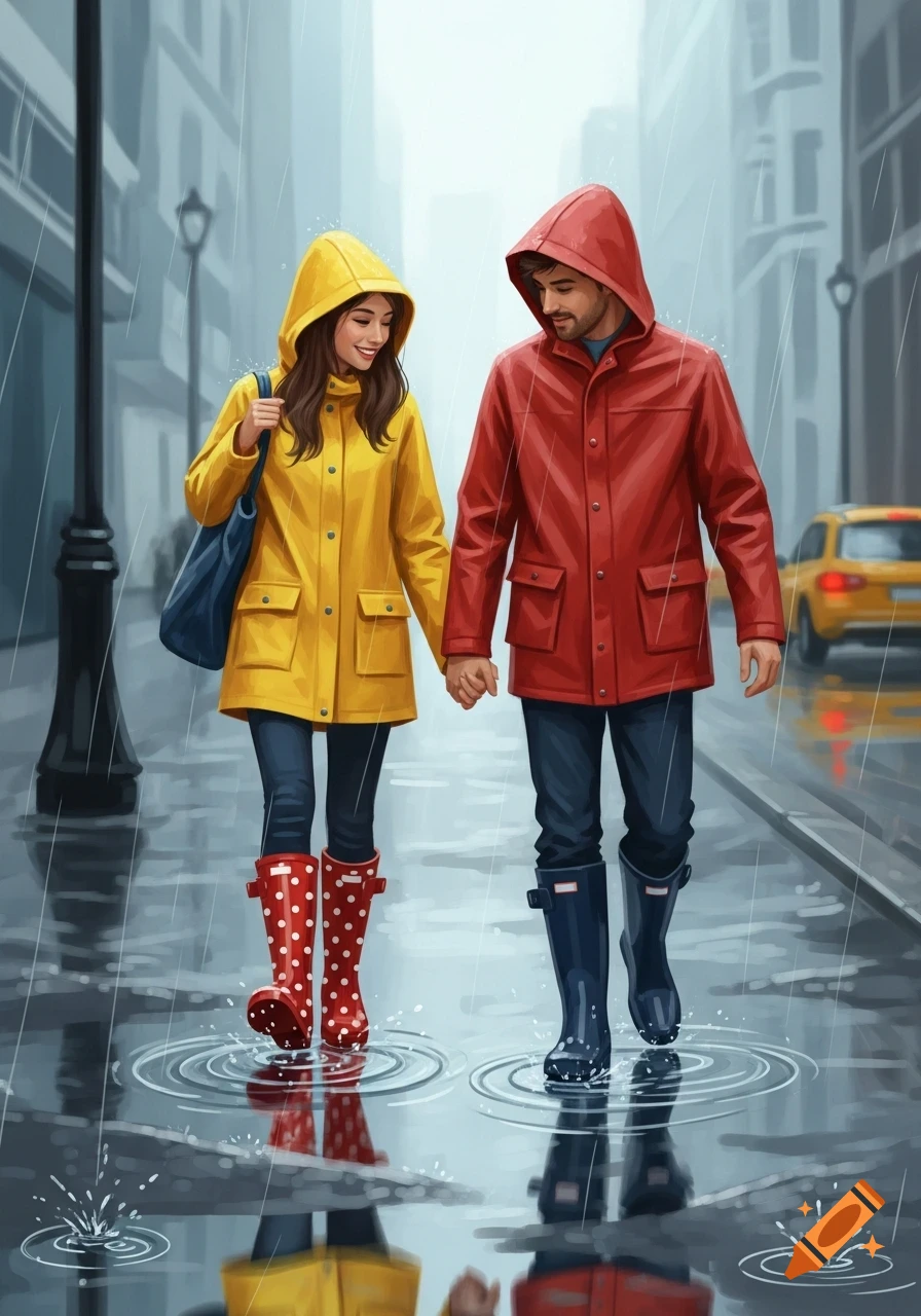 A couple in yellow and red raincoats and boots walks hand-in-hand down a rainy city street, with reflections on the wet pavement.