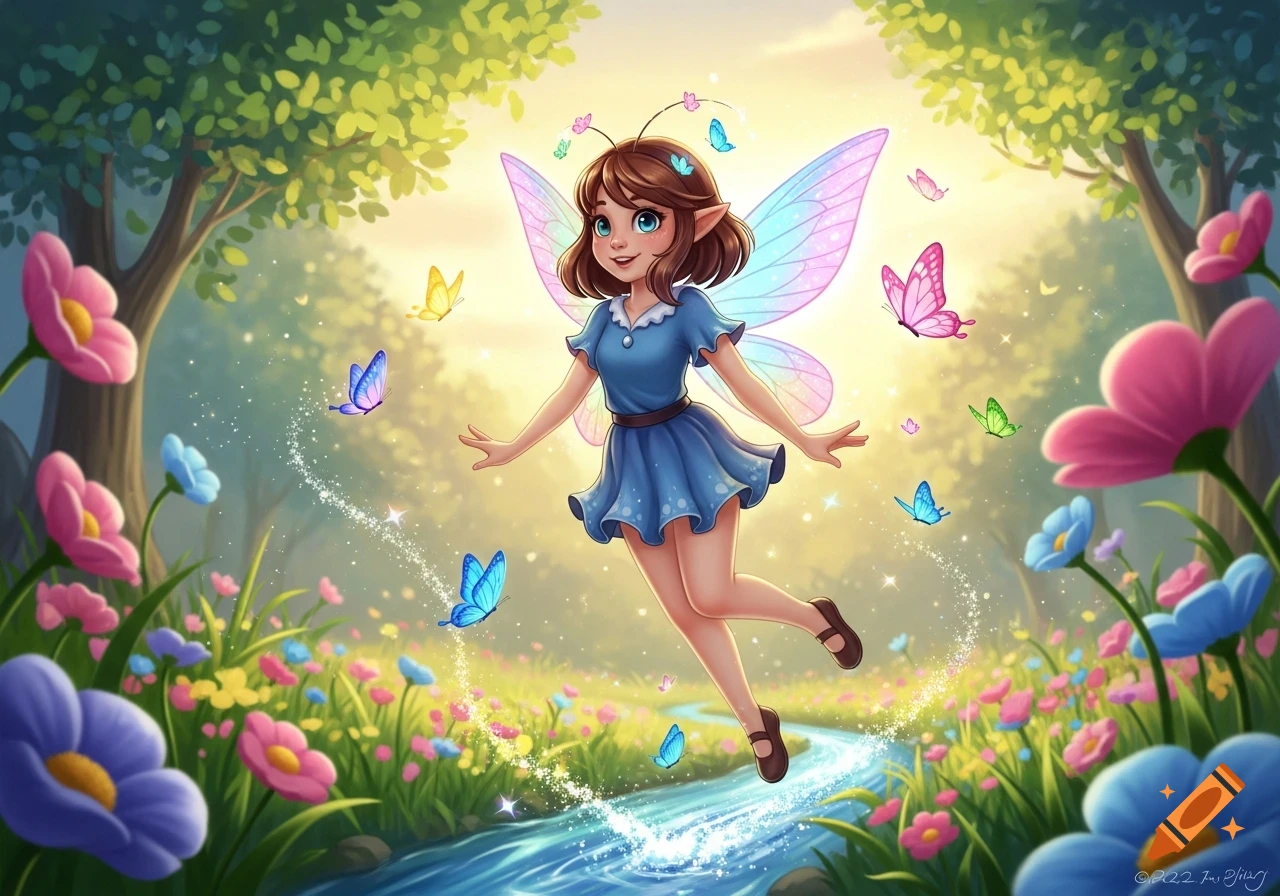 Cartoon fairy with blue dress and translucent wings floats above a sparkling stream in a magical forest with colorful flowers and butterflies.