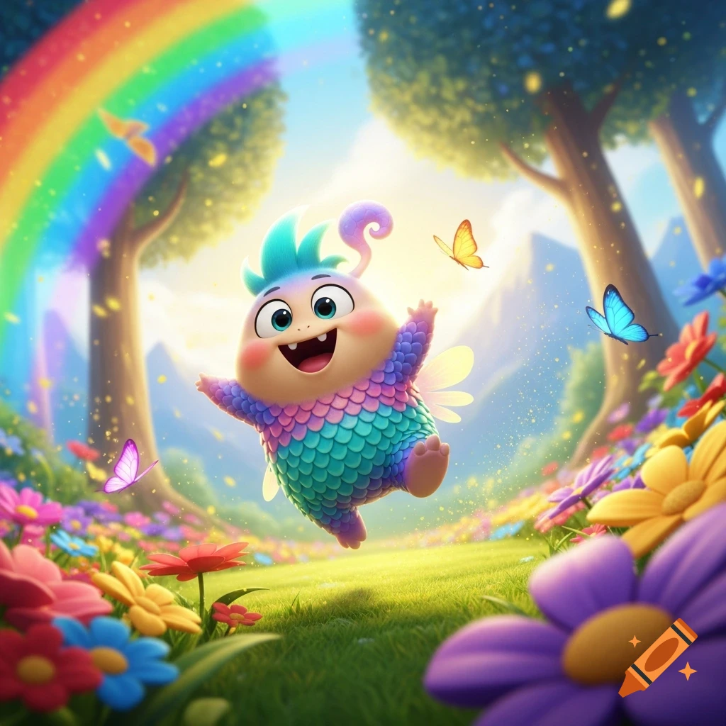 A cute, colorful, scaly creature with tiny wings leaps happily in a vibrant meadow filled with flowers, under a bright rainbow and blue sky, with butterflies fluttering around.