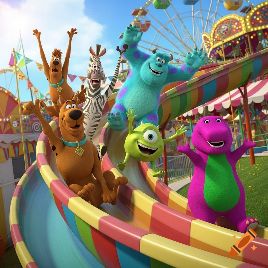 Scooby Doo, Marty the zebra, Sully, Mike Wazowski, and Barney slide down a colorful slide at a 3D animated amusement park.