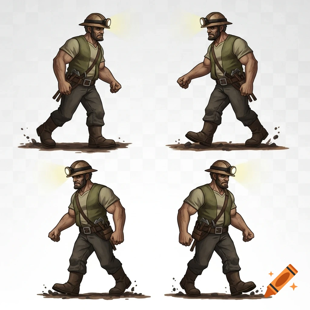 Four frames of a cartoon-style male miner character in a walk cycle sprite sheet on a transparent background.