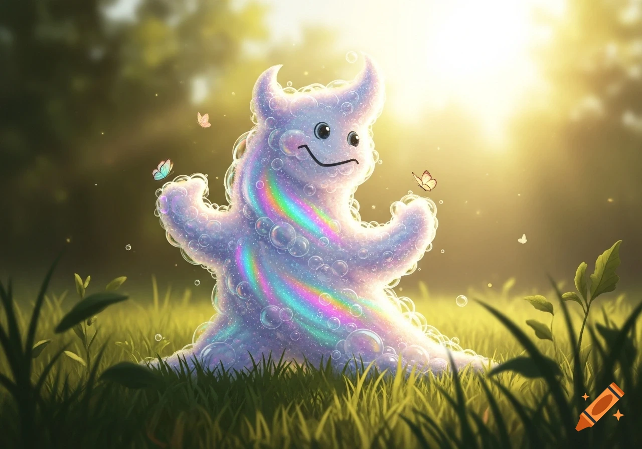 A whimsical, bubbly, rainbow-striped monster with horns and a smiling face sits in a sunny, grassy field with butterflies.