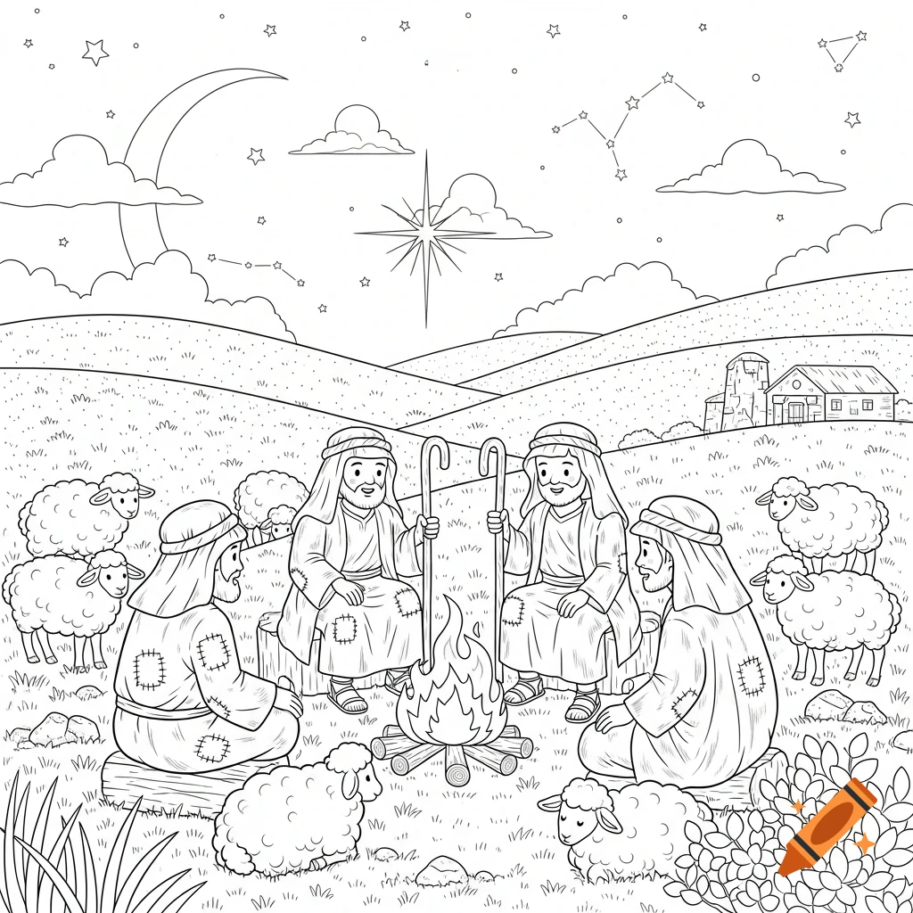 Black and white outline drawing of four shepherds and sheep around a campfire under a starry night sky, with a large star and a crescent moon.
