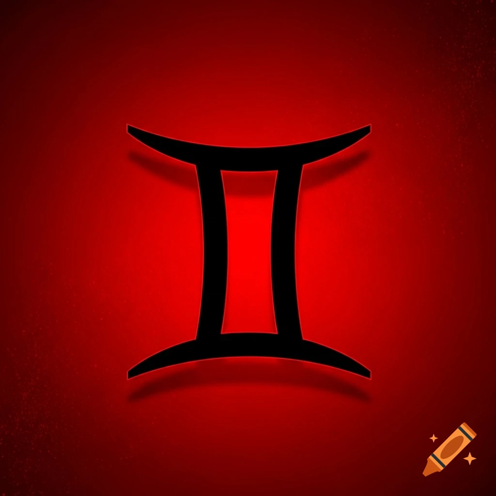 Black Gemini zodiac symbol centered on a gradient red background.