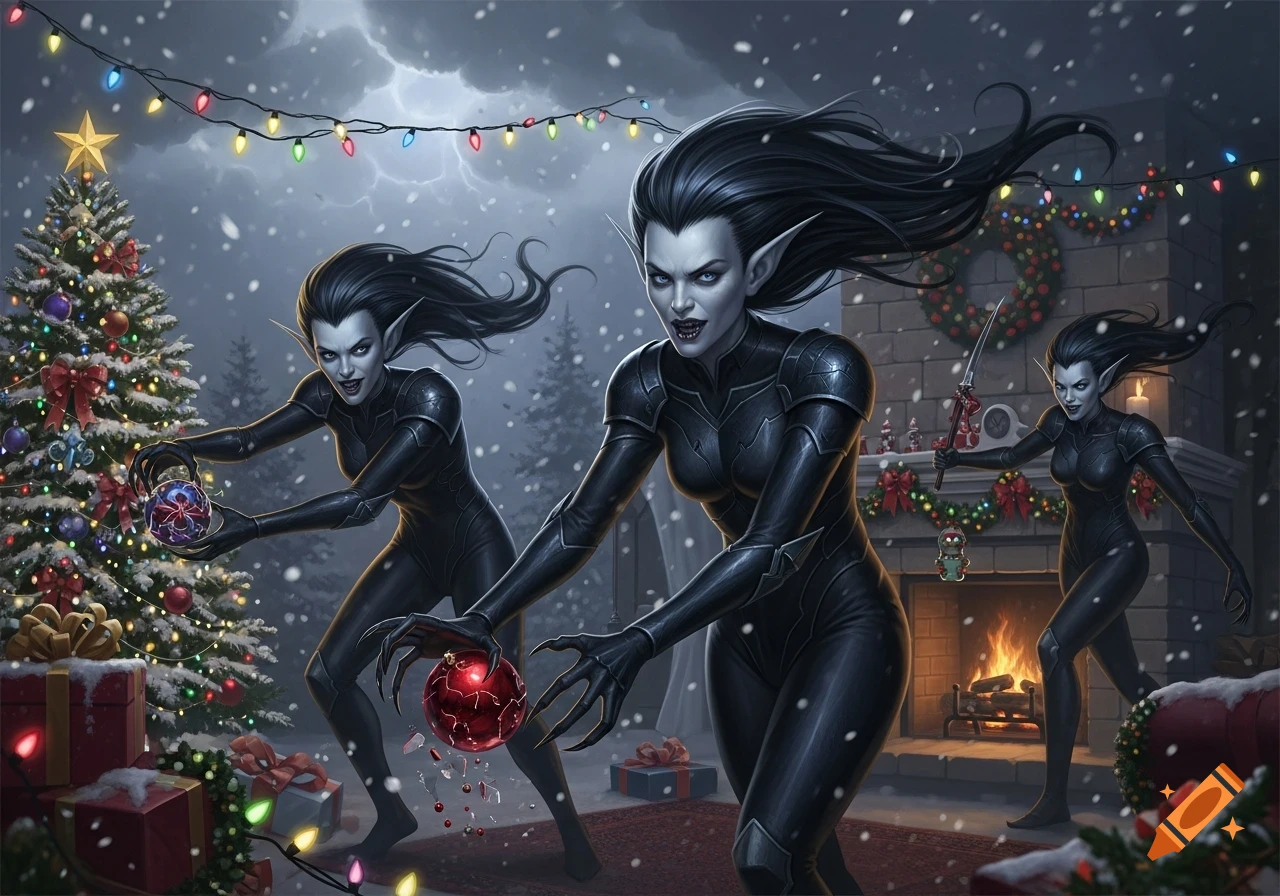 Three dark fantasy elves with sharp claws destroy a Christmas tree and ...