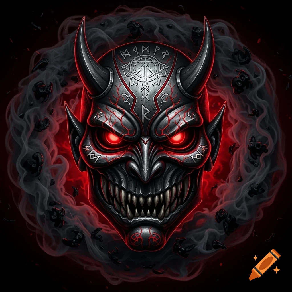 A stylized demonic mask with glowing red eyes and horns, intricate metal details, and decorative runes, surrounded by dark smoke on a black background.