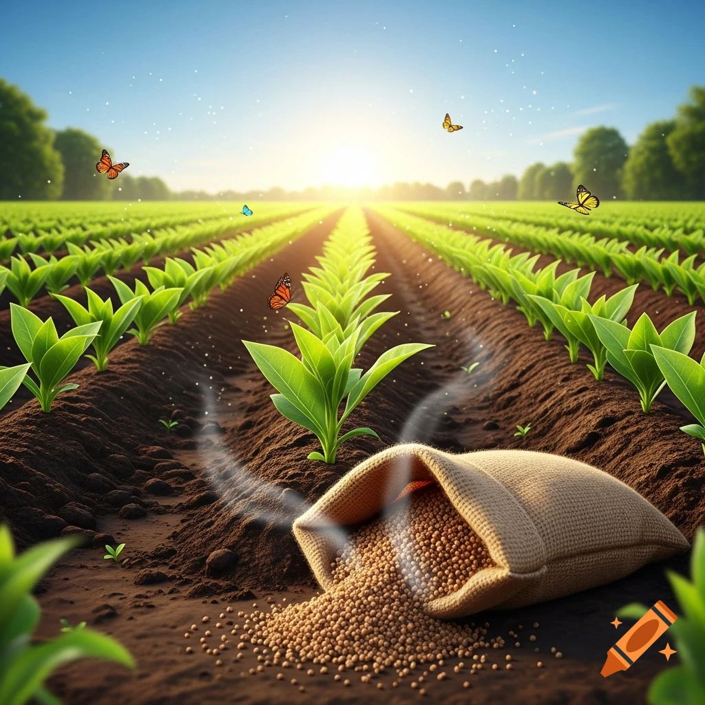 A close-up of a burlap sack spilling fertilizer pellets onto rich soil in a field of young green crops under a sunny sky with butterflies.