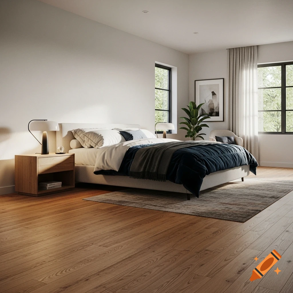 A modern bedroom with a bed, nightstand, large windows, and prominent light wood flooring.
