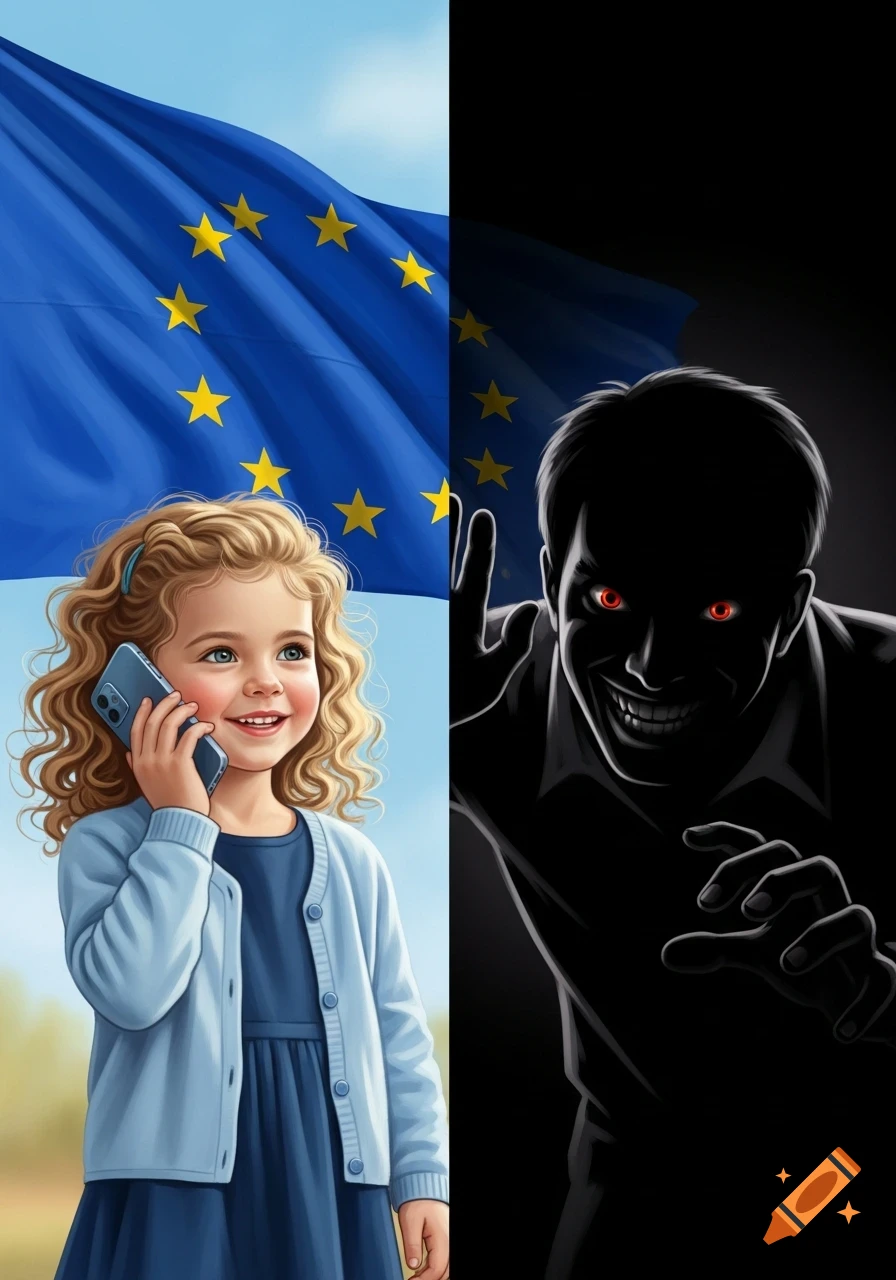 A split illustration showing a smiling girl talking on a phone against an EU flag, and a shadowy man with red eyes eavesdropping.