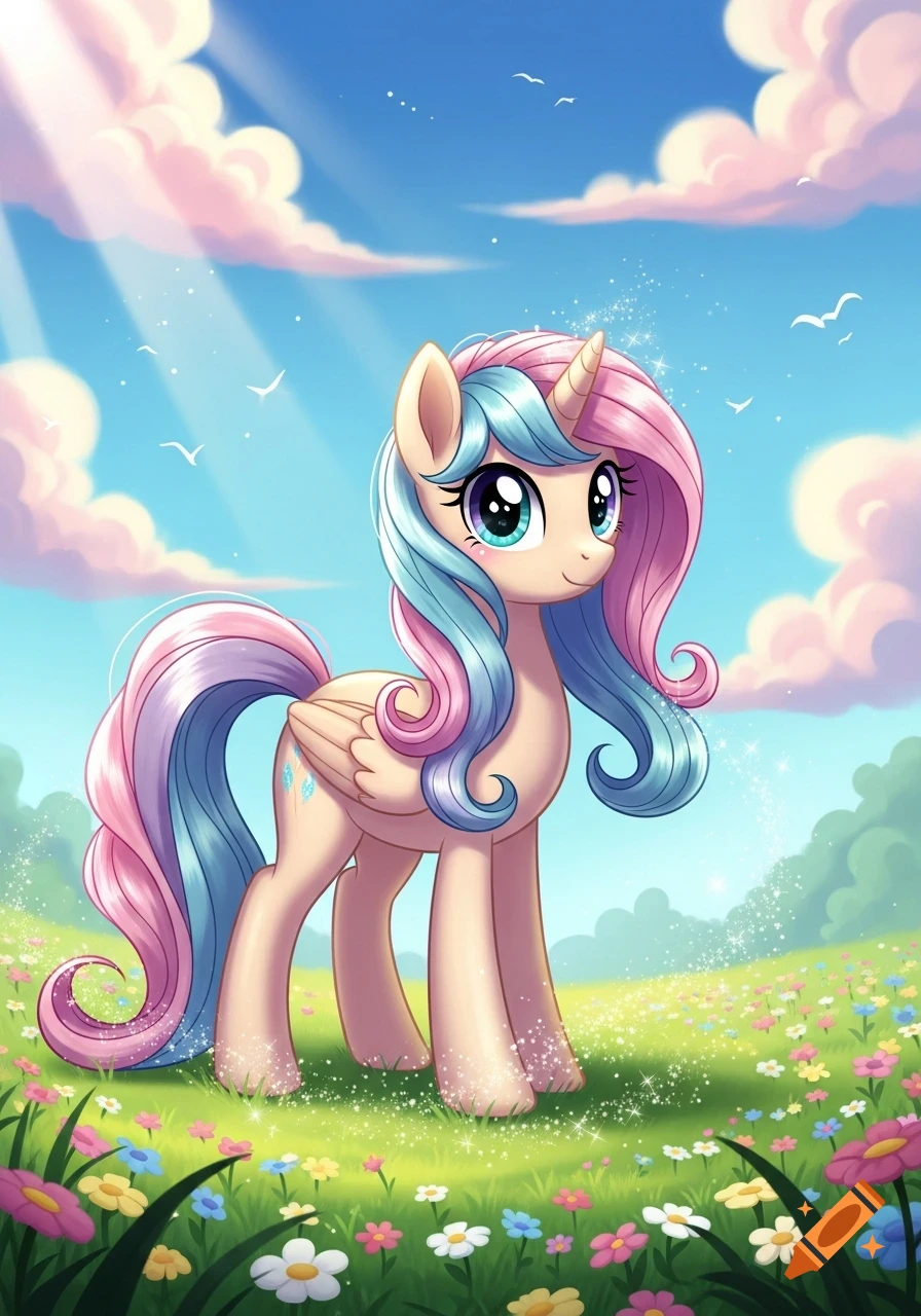 A cream-colored My Little Pony-style unicorn with pink and blue mane and tail stands in a field of wildflowers under a bright blue sky.