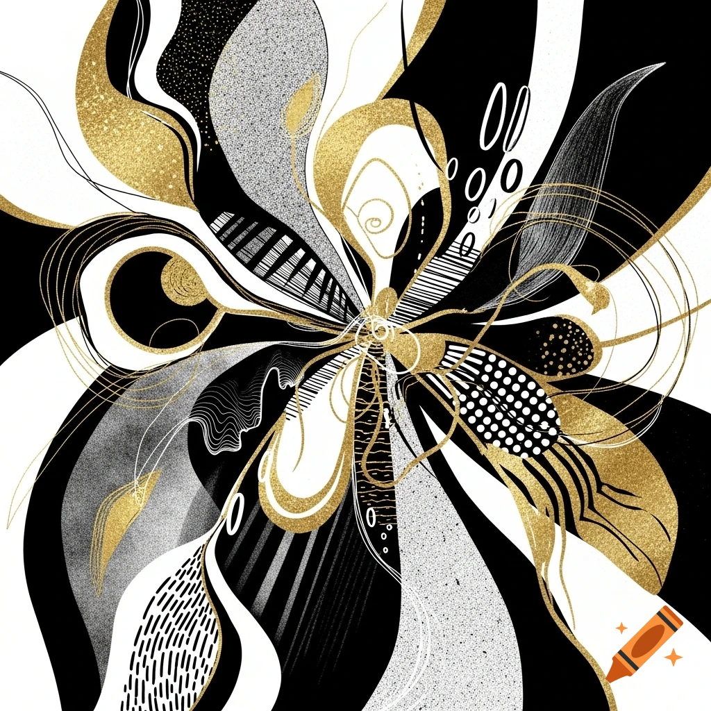 Abstract art in black, white, and gold, featuring flowing organic shapes, textured patterns, and fine lines.