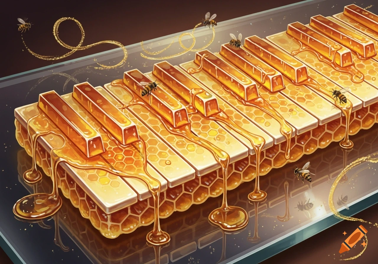 A whimsical piano keyboard made of golden honeycomb with honey dripping and bees flying.