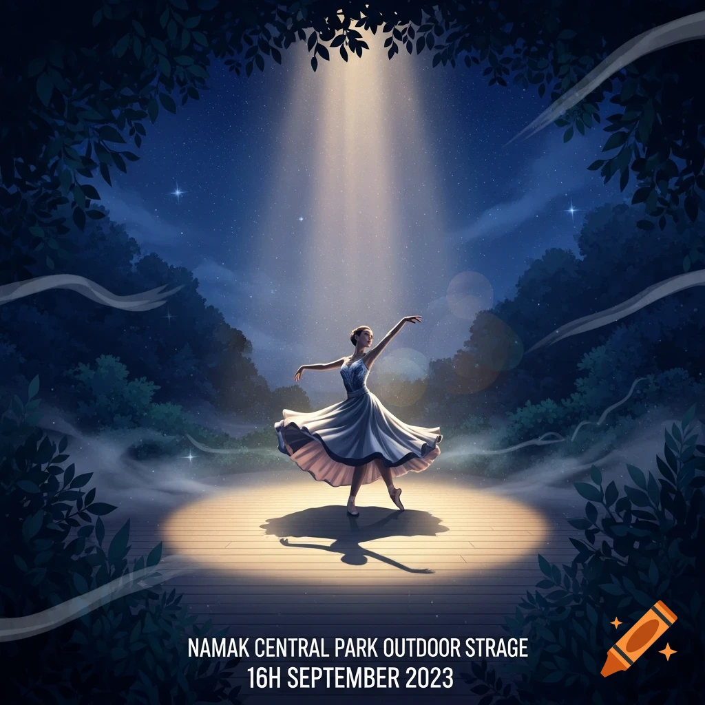A ballerina in a white dress dances on a moonlit outdoor stage under a star-filled sky, surrounded by trees. Stylized illustration.