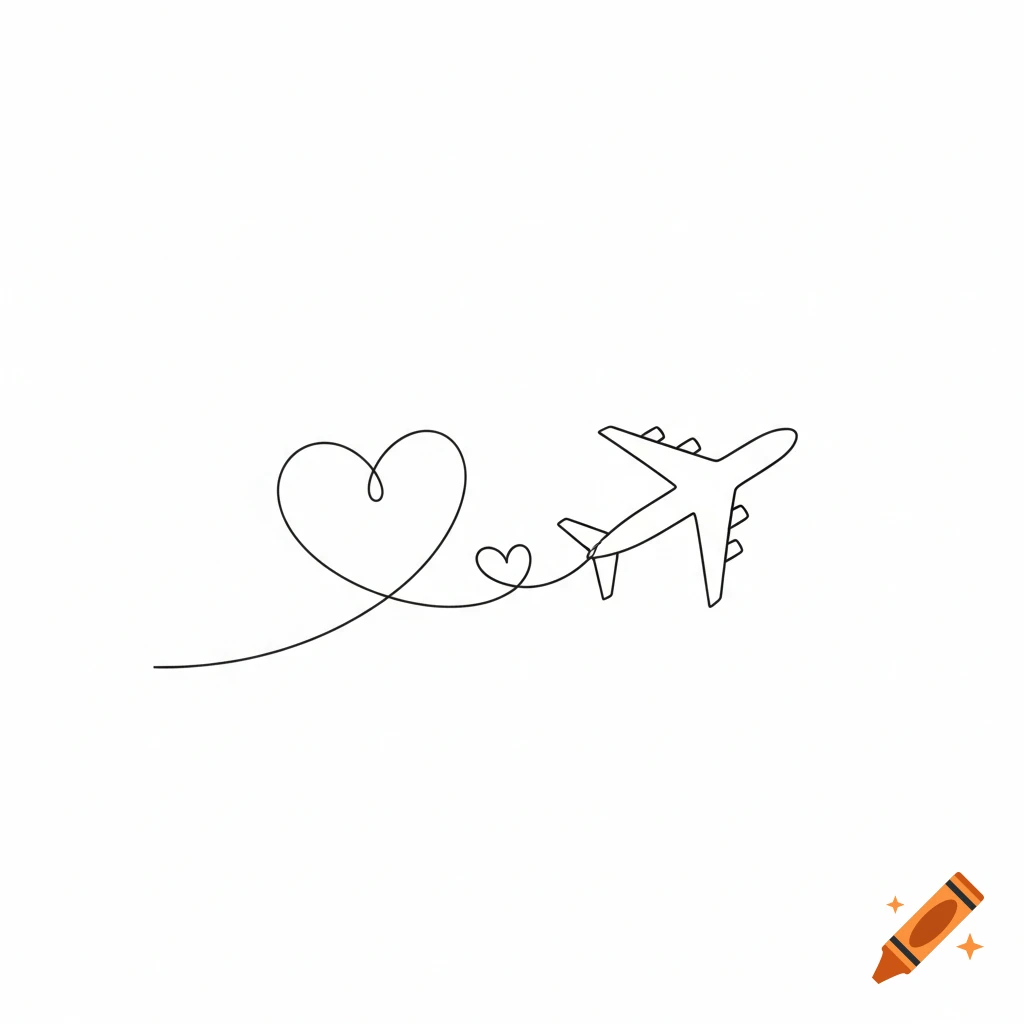 Minimalist line art of a small airplane with a trail forming a large heart and a smaller heart.