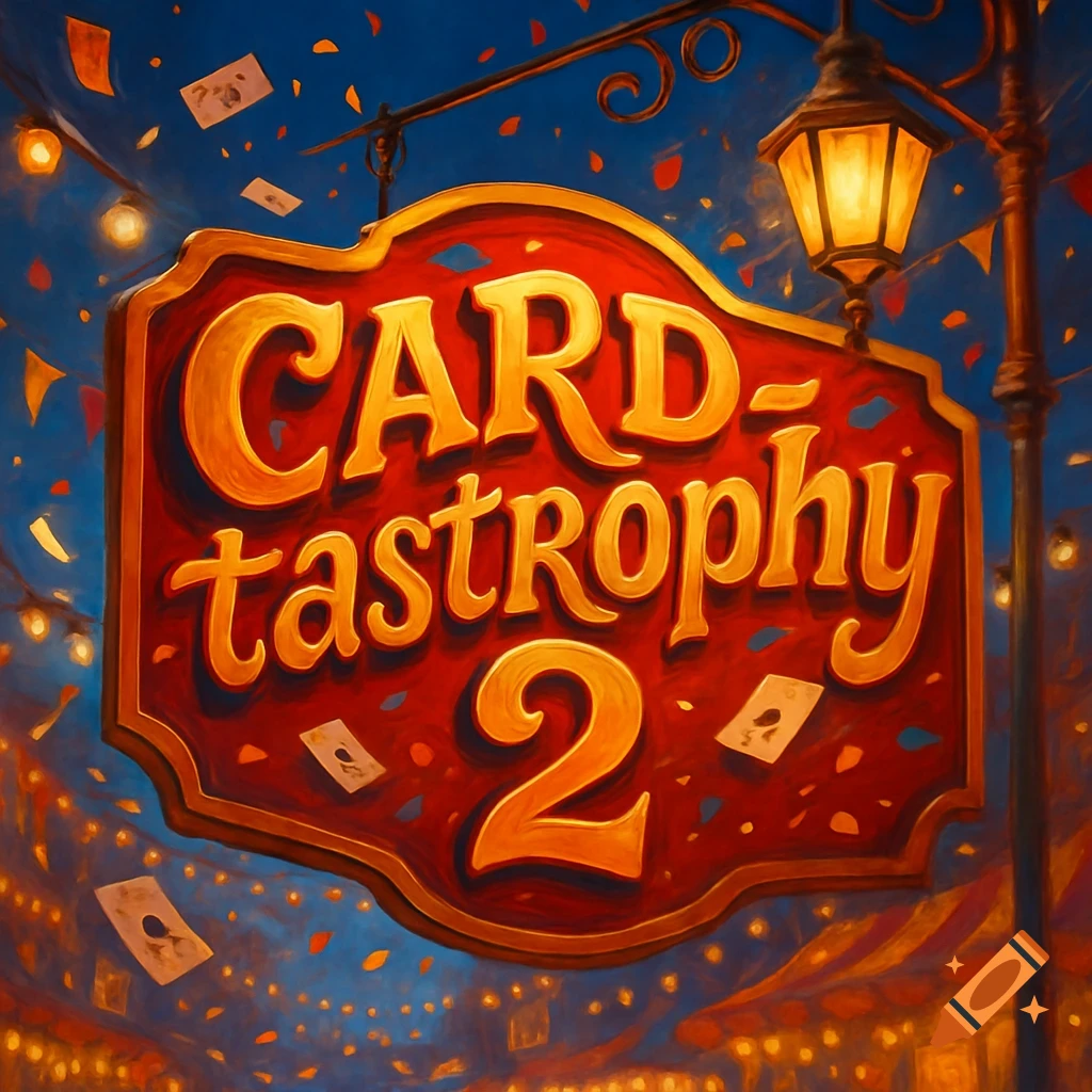 A vibrant, illustrative sign for 'CARD-tastrophy 2' with falling playing cards and confetti, set against a night carnival background with glowing lights.