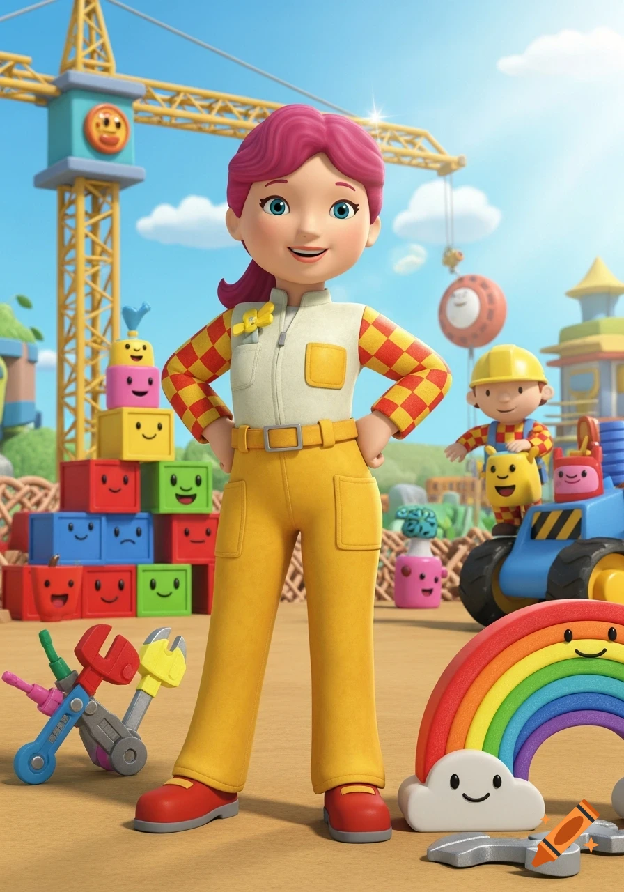 Wendy from Bob the Builder with pink hair in a 3D animated construction site with a crane, colorful blocks, and Bob.
