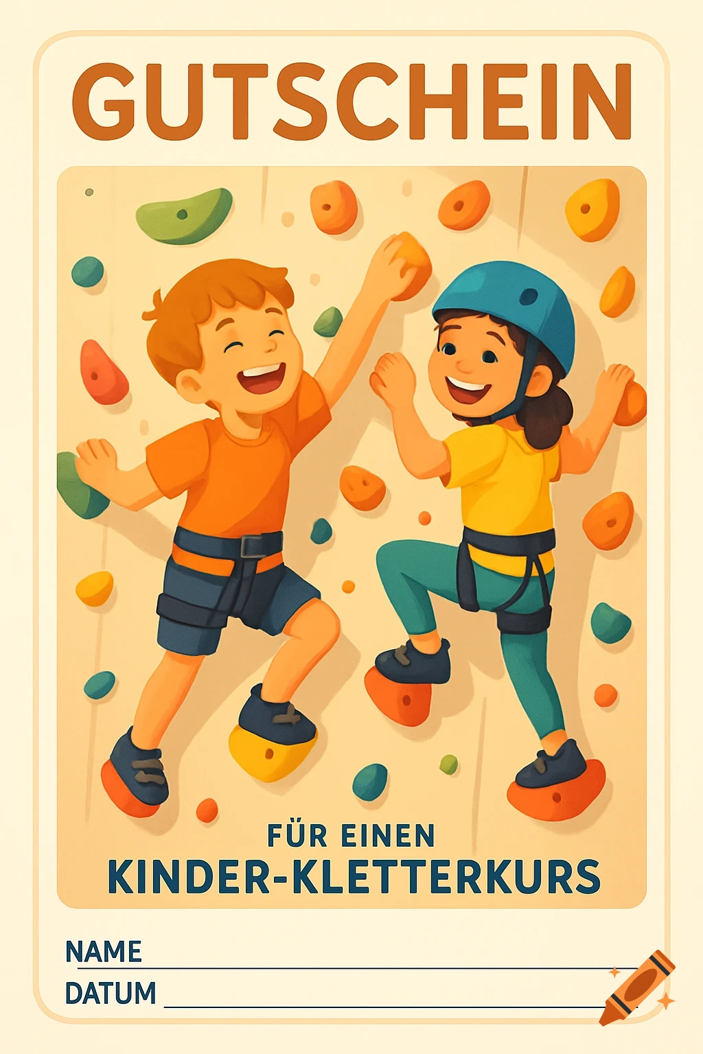 An illustration of a gift voucher for a children's climbing course, showing two happy kids climbing on a wall with colorful holds.