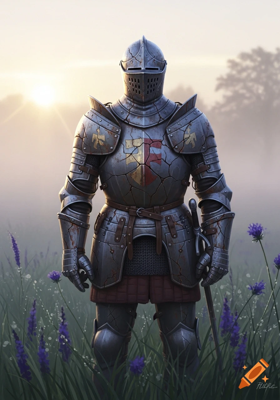 A knight in worn, cracked metal armor stands in a misty field of purple flowers at sunrise, holding a sword.