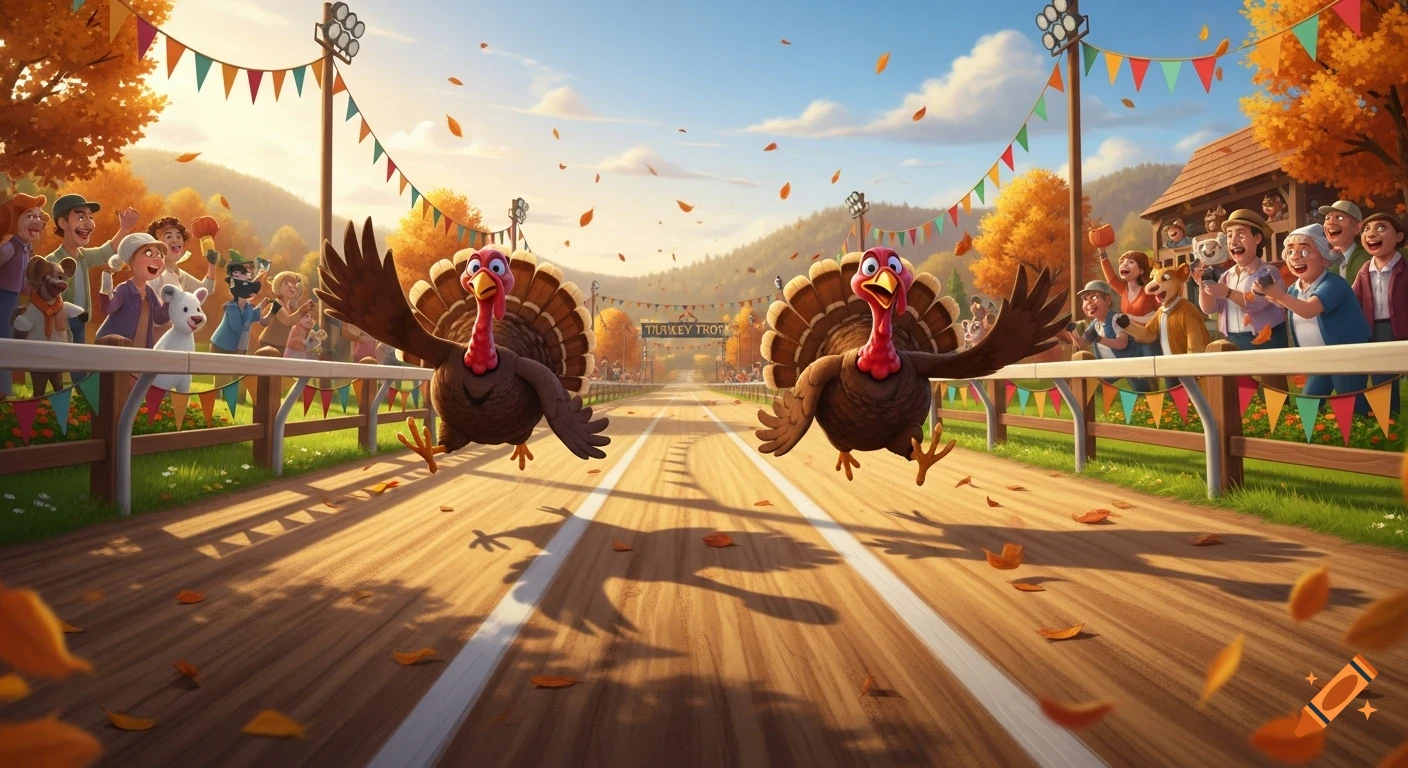 Two cartoon turkeys race on a track lined with cheering spectators and ...