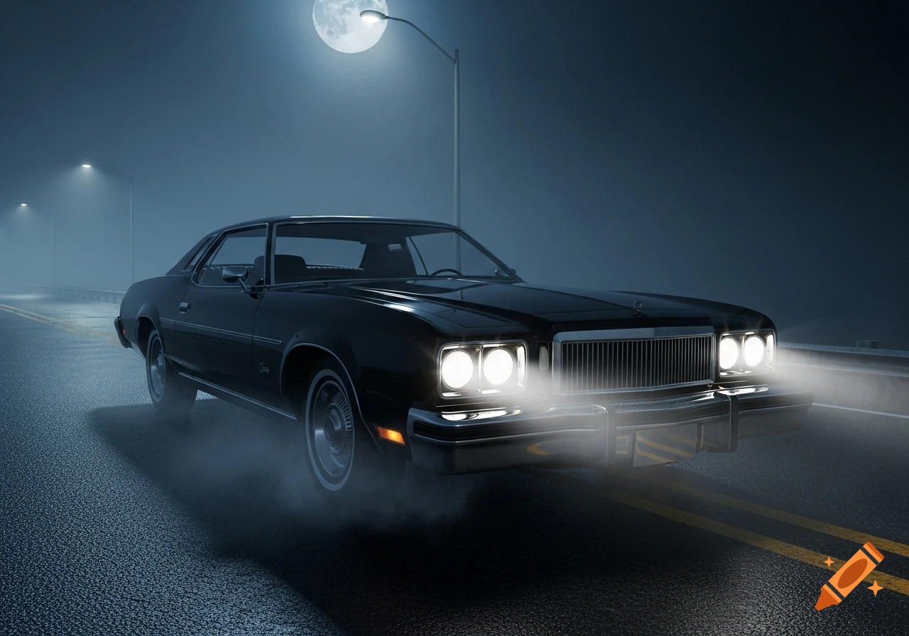 A dark classic car with headlights on, driving on a foggy road at night under a full moon and streetlights.