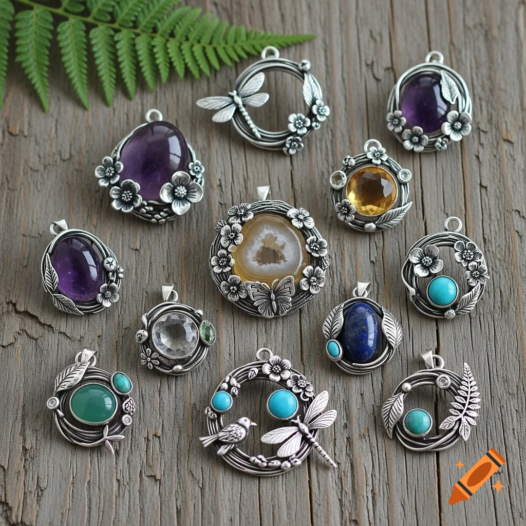 A collection of nature-inspired sterling silver pendants featuring polished gemstones and intricate floral, butterfly, and dragonfly motifs, displayed on a rustic wooden surface in a photorealistic style.