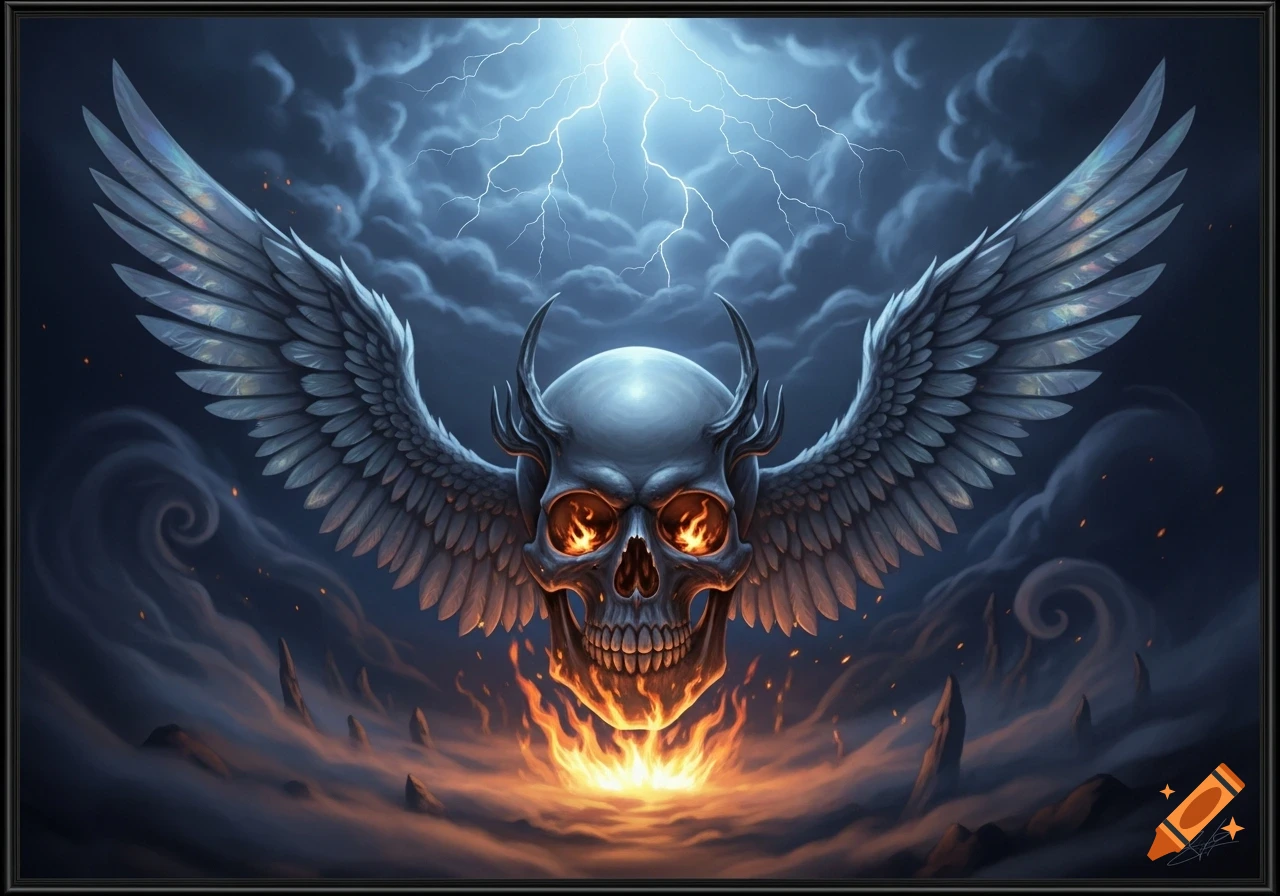 A horned skull with fiery eyes and large wings floats above a bed of fire and smoke under a lightning storm, digital painting.
