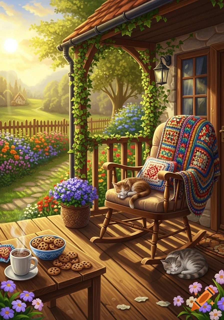 A stylized illustration of two sleeping cats on a cozy cottage porch with a rocking chair, coffee, cookies, and a vibrant garden.