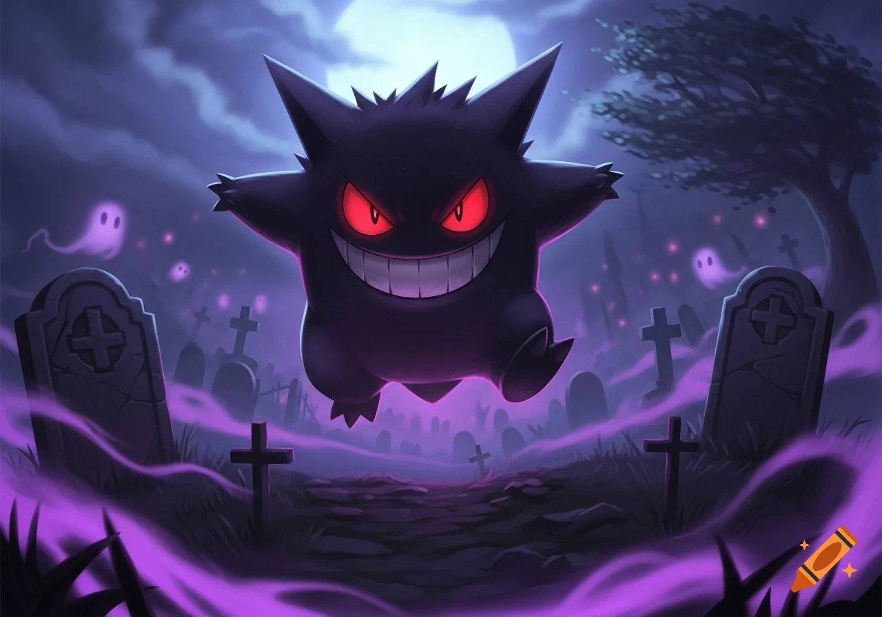 A purple Gengar with red eyes and a wide grin floats above a spooky graveyard with tombstones and purple mist at night under a full moon.