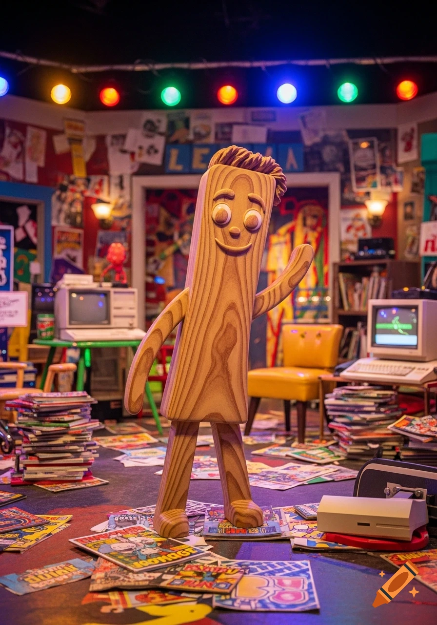A wooden Gumby-like character stands in a colorful, cluttered room filled with magazines, posters, and retro computers, lit by string lights.
