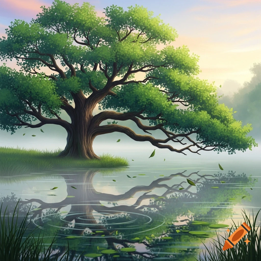 A lush, green tree by a serene lake with misty reflections, floating leaves, and water ripples under a soft sky, illustrated.