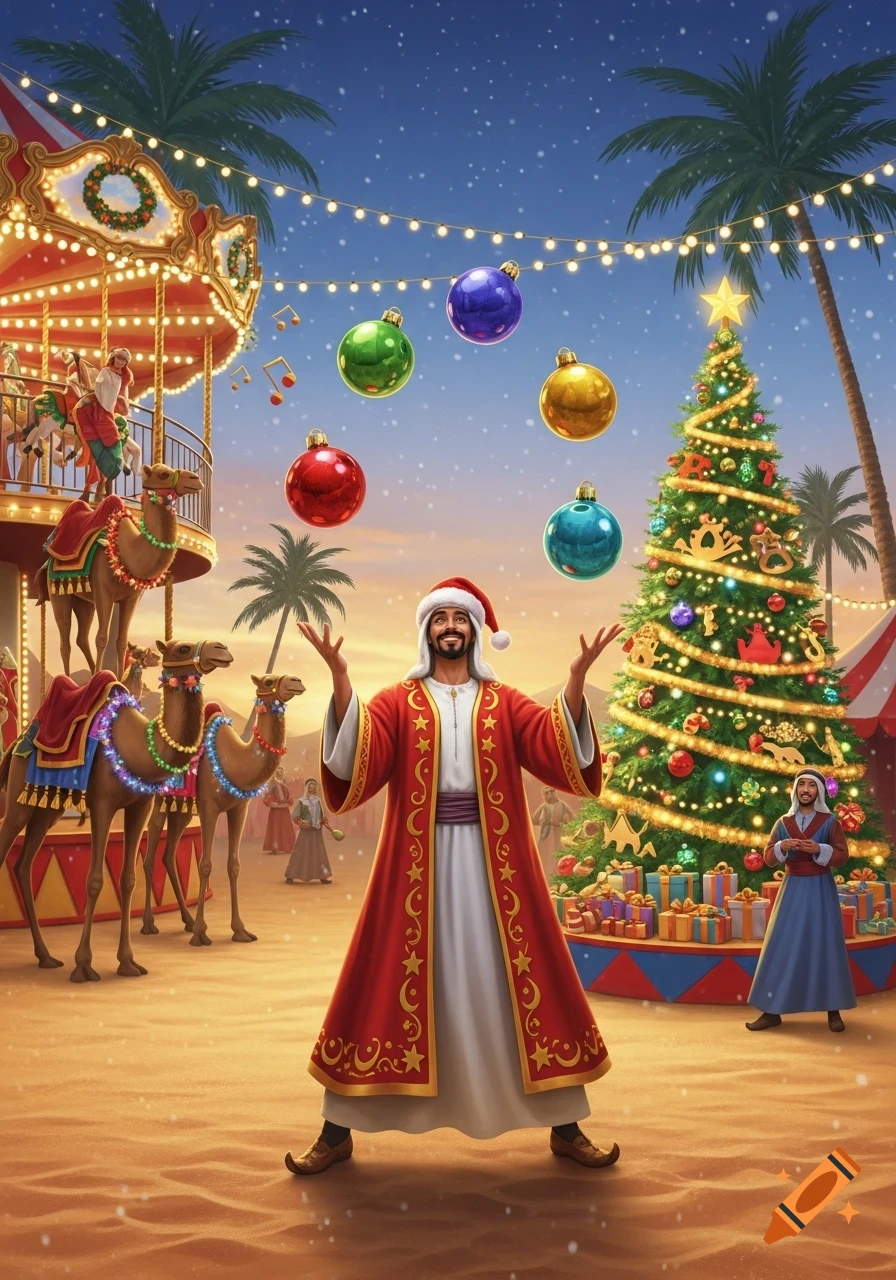 Man in Santa hat juggling Christmas ornaments at a desert circus with camels, carousel, and decorated Christmas tree.