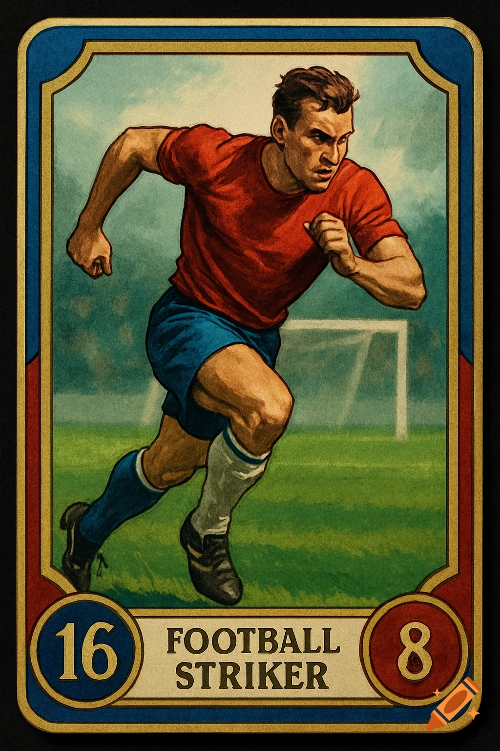 A vintage-style trading card depicting a running male soccer striker on a green field with a goal, featuring numbers 16 and 8.
