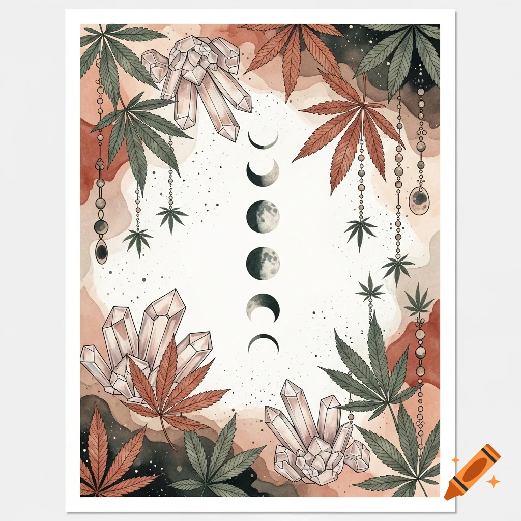Watercolor illustration featuring cannabis leaves, large crystals, and crescent moon phases, set against a background of warm earthy tones and speckles.