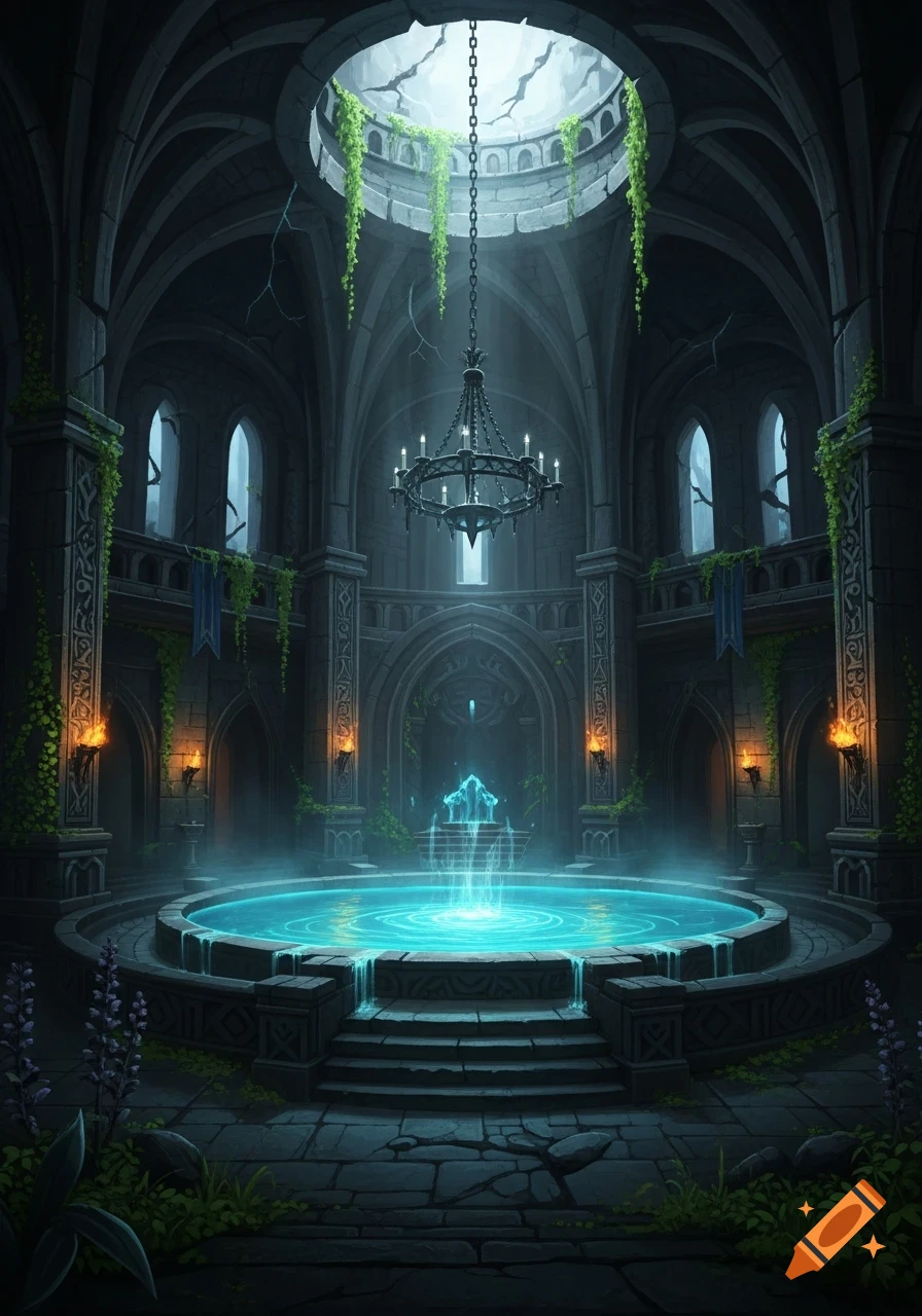 A dark, ancient fantasy dungeon room with a glowing blue pool in the center, overgrown with vines and illuminated from a ceiling opening.